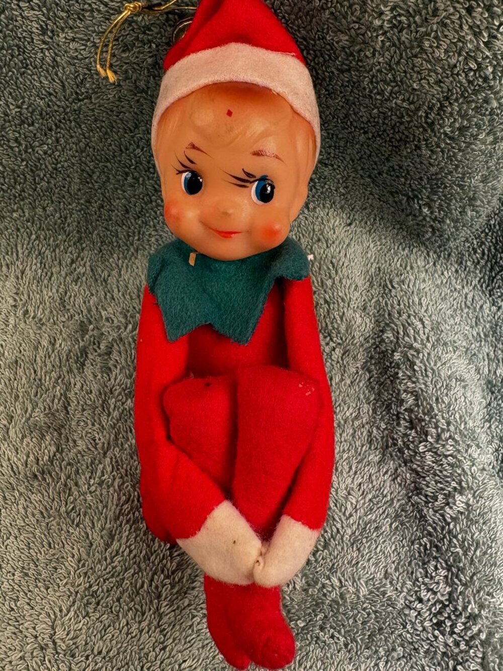 RARE Vintage 1950s Japan Knee Hugging Pixie Elf Christmas Ornament Bell 5.5" MCM